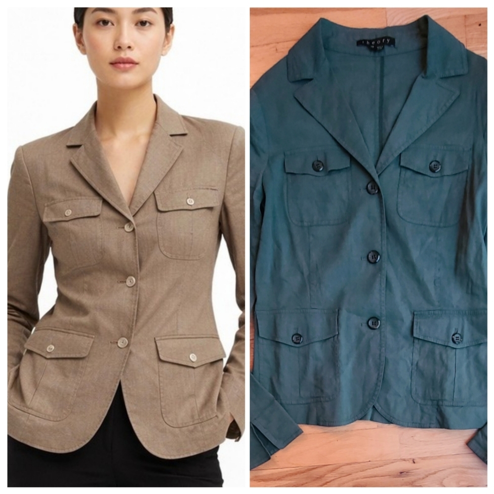 Theory Luna Linen Safari Blazer Sz 10 Olive Old Money Quiet Luxury Resortwear